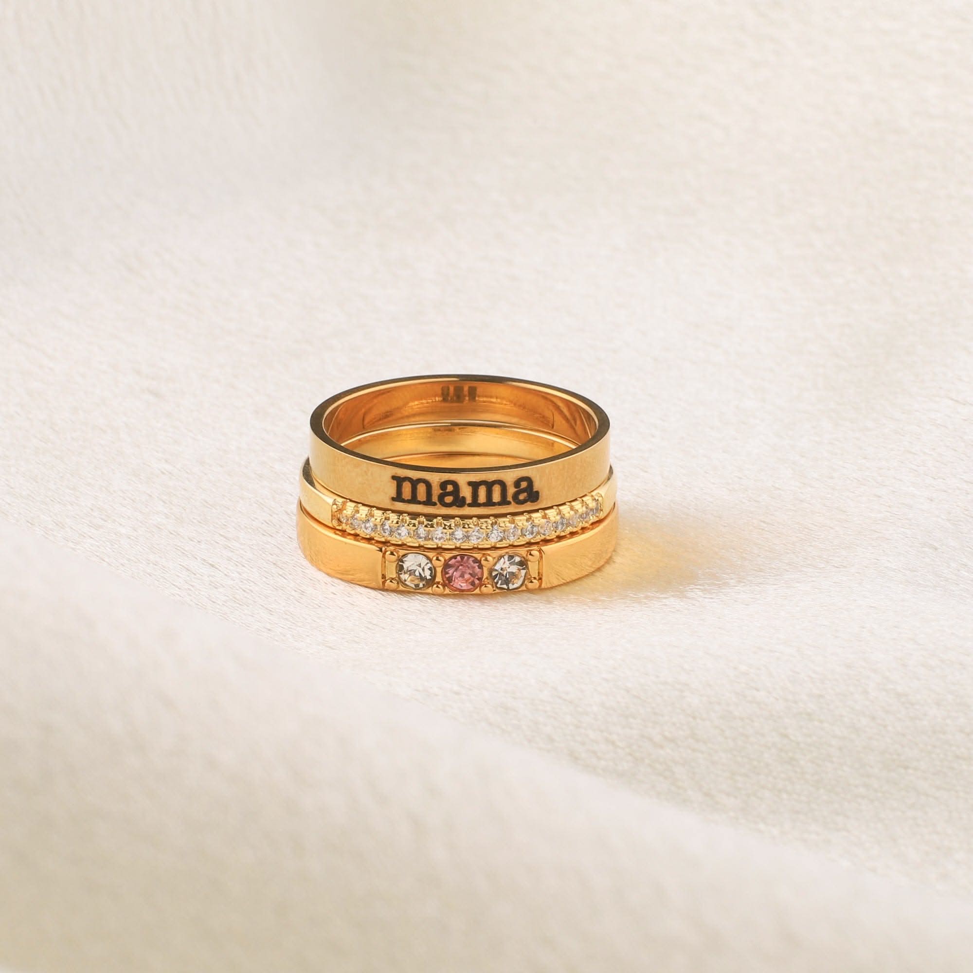 Personalized stackable rings with name and birthstones
