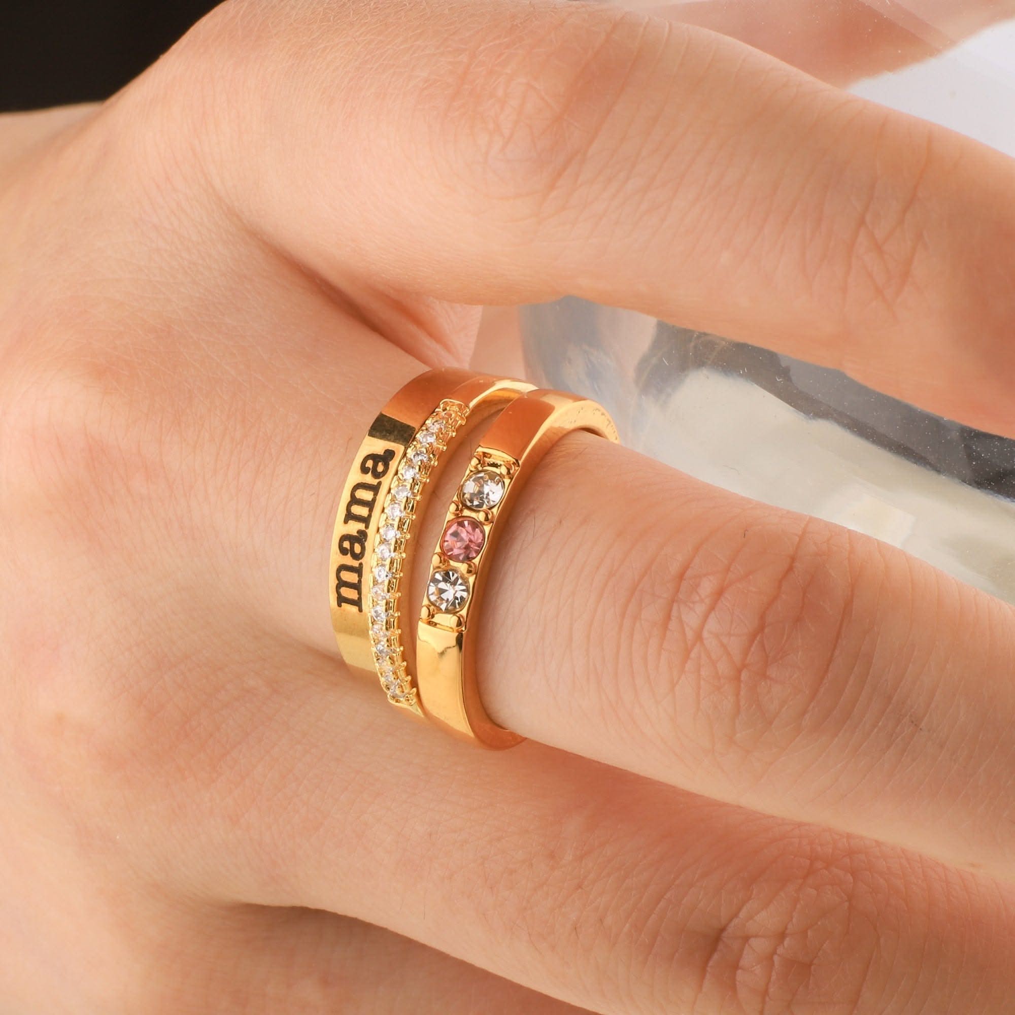 Personalized stackable rings with name and birthstones