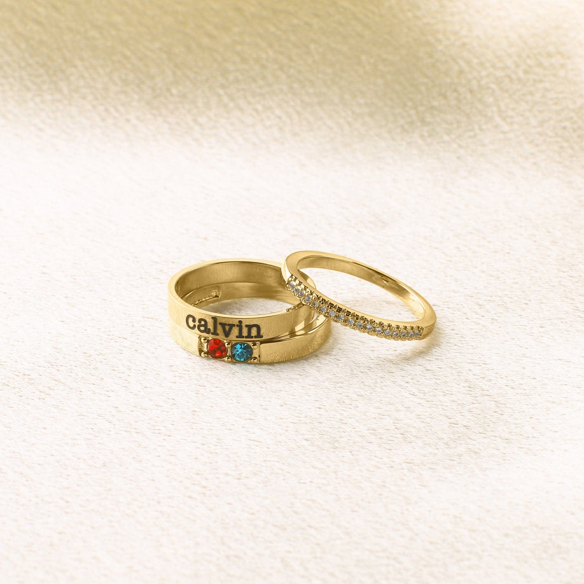 Personalized stackable rings with name and birthstones