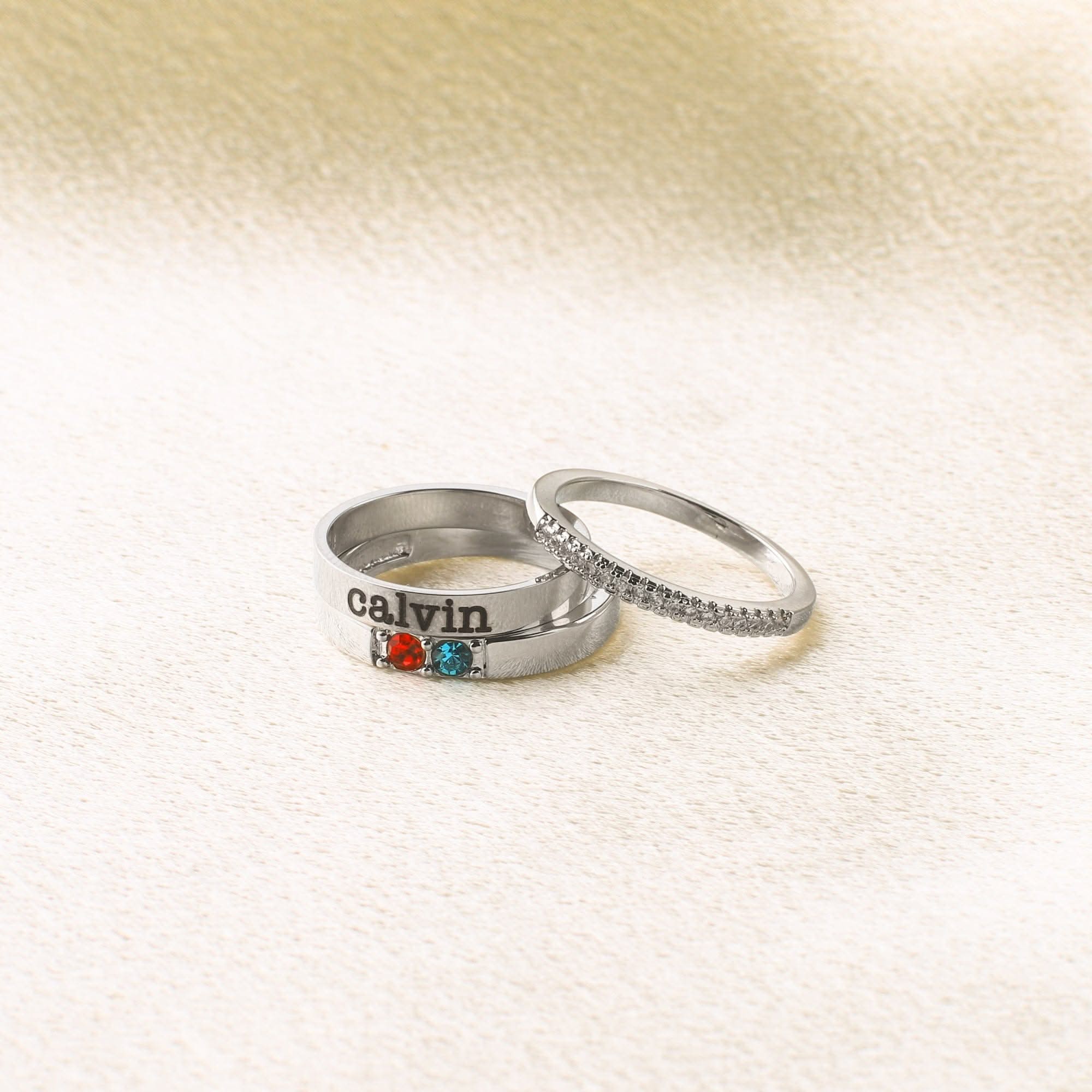 Personalized stackable rings with name and birthstones