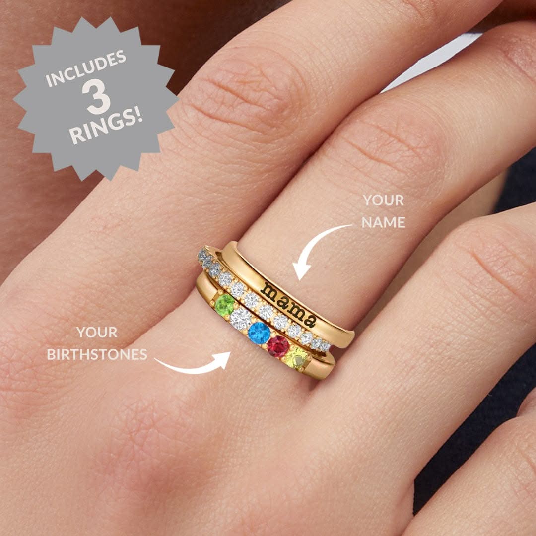Personalized stackable rings with name and birthstones