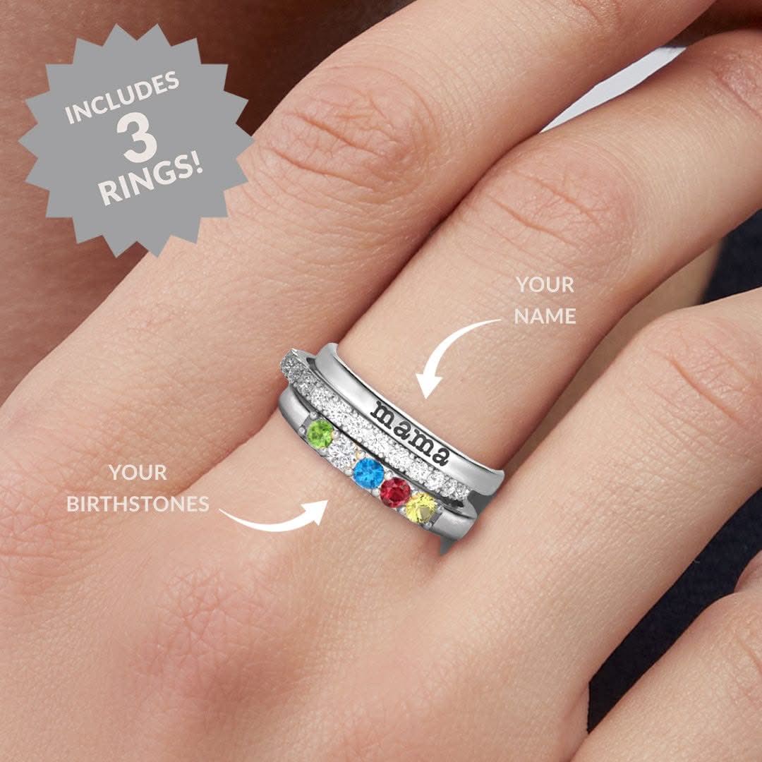 Personalized stackable rings with name and birthstones