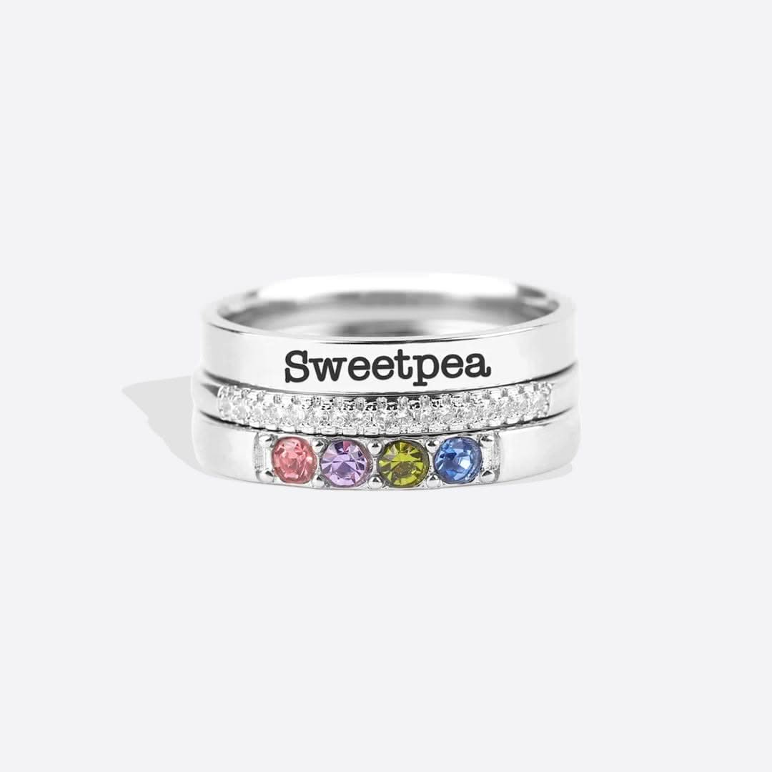 Personalized stackable rings with name and birthstones