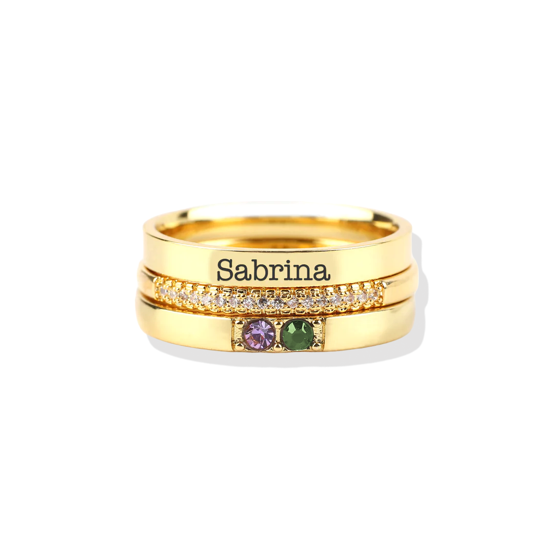 Personalized stackable rings with name and birthstones