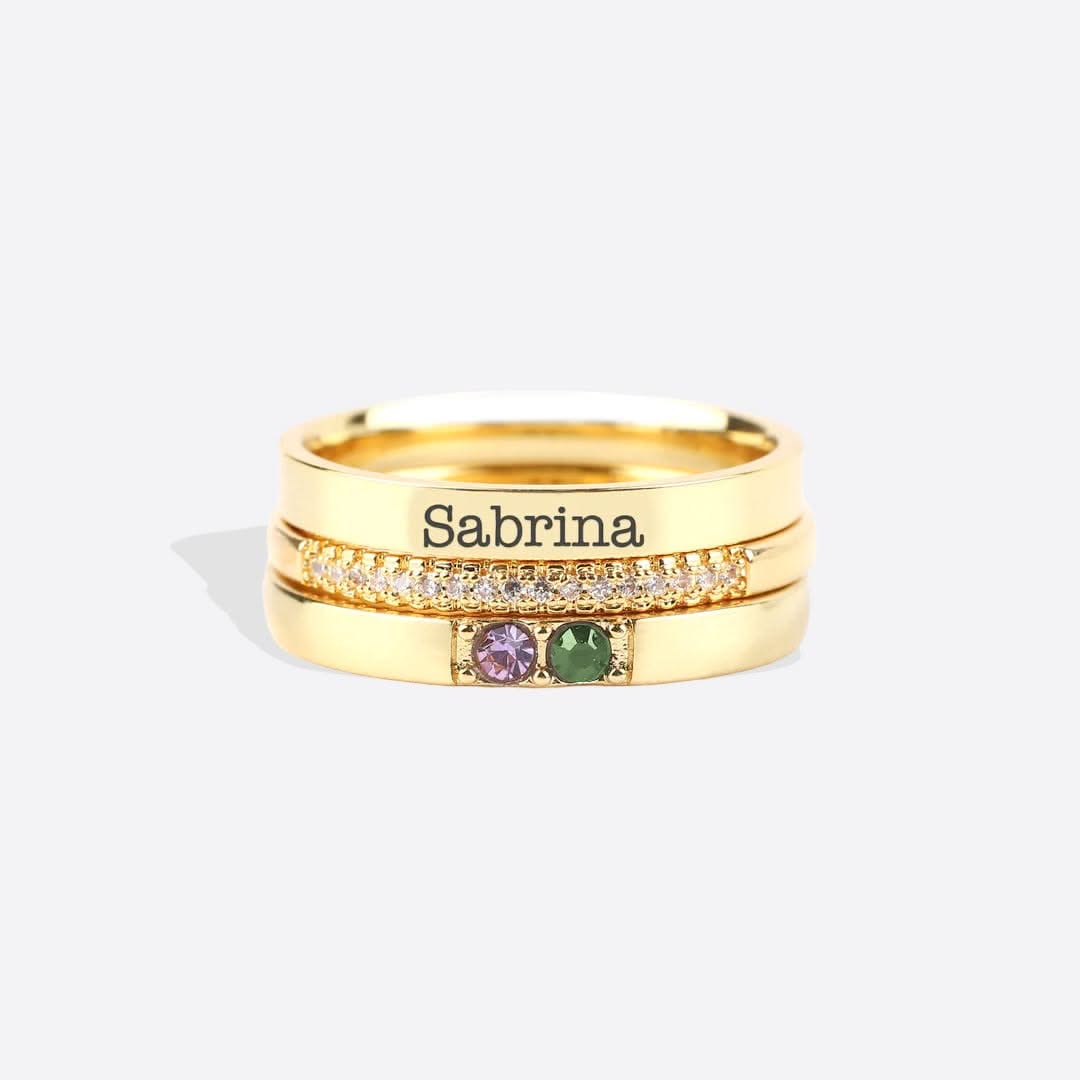 Personalized stackable rings with name and birthstones