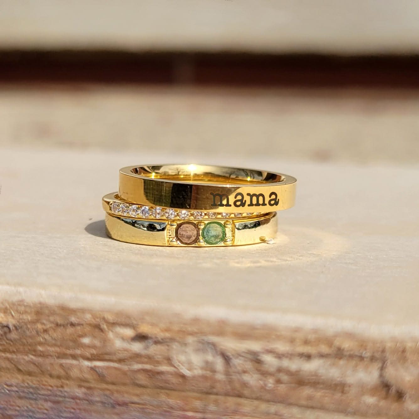 Personalized stackable rings with name and birthstones