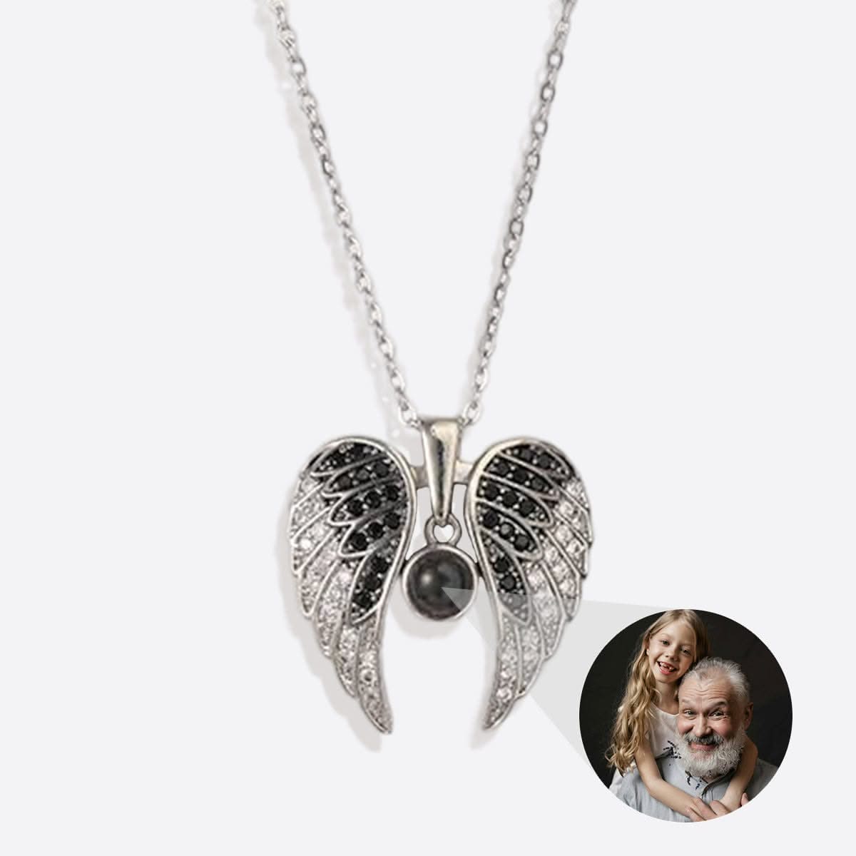 Memorial photo necklace with sparkling angel wings