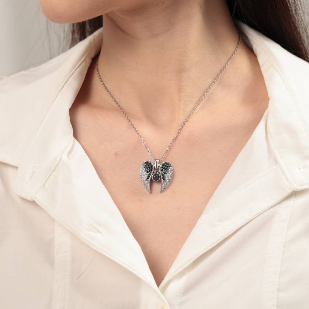 Memorial photo necklace with sparkling angel wings