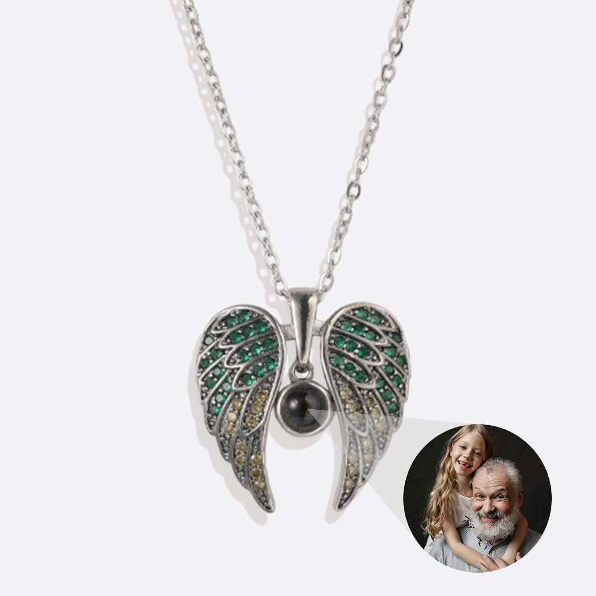 Memorial photo necklace with sparkling angel wings