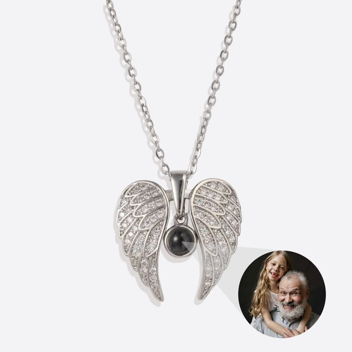 Memorial photo necklace with sparkling angel wings