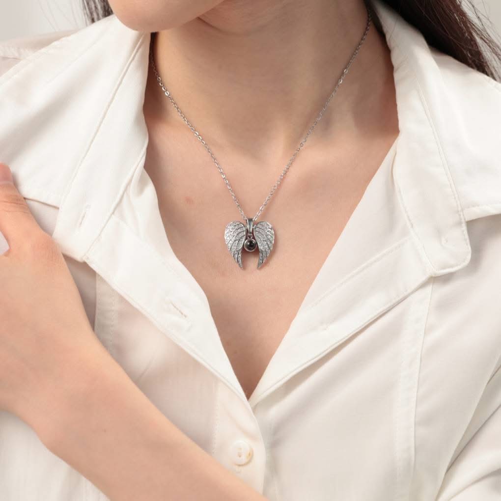 Memorial photo necklace with sparkling angel wings