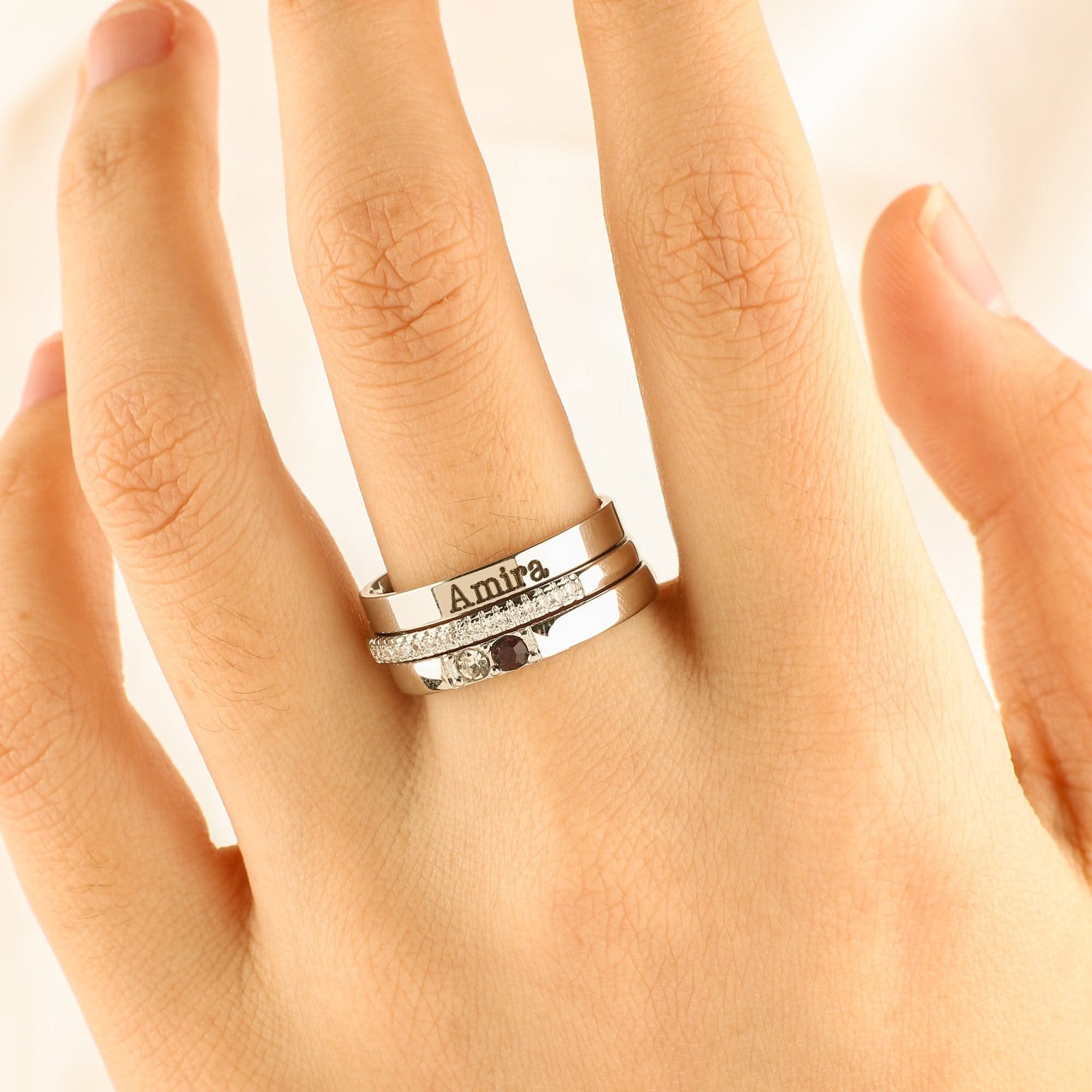 Personalized stackable rings with name and birthstones