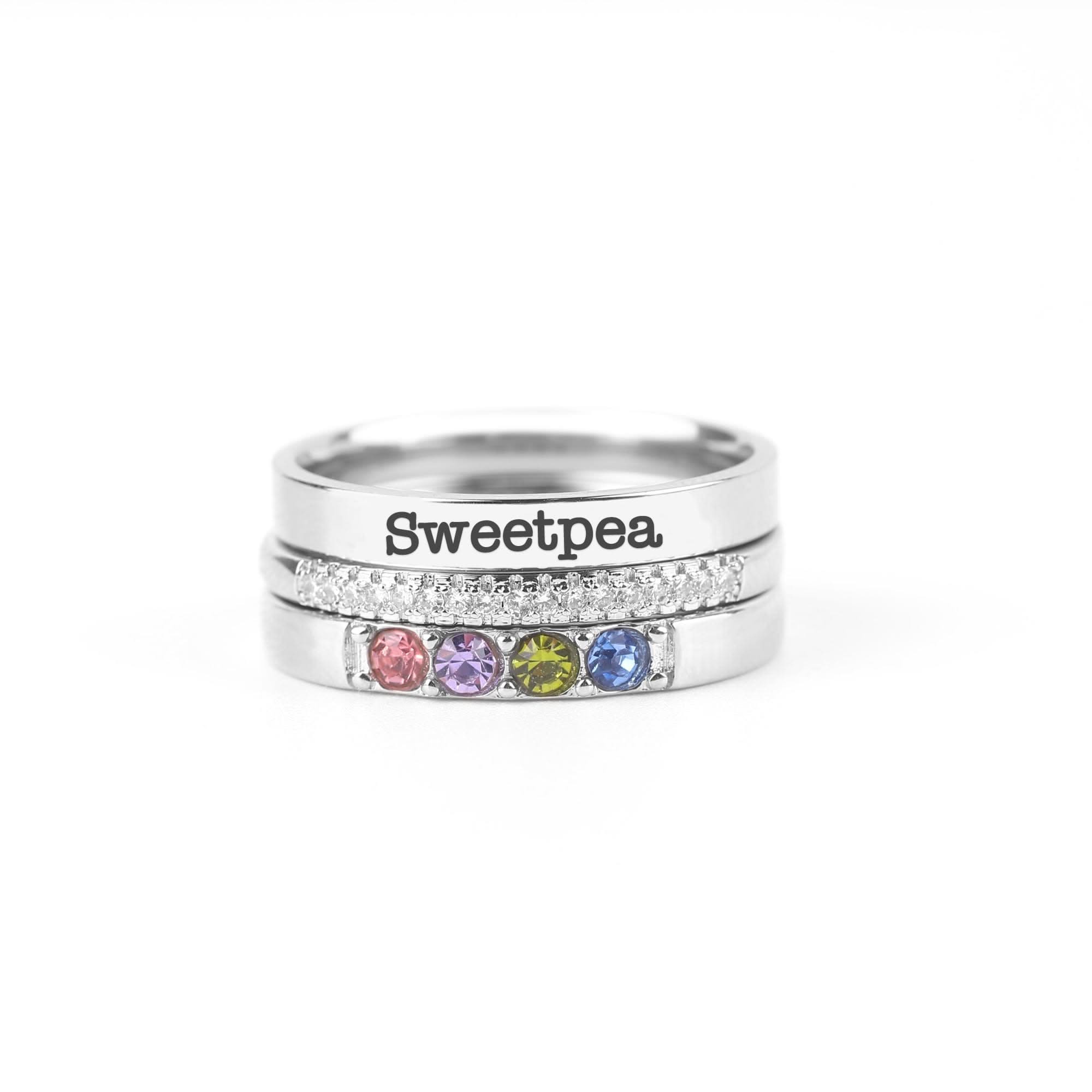 Personalized stackable rings with name and birthstones