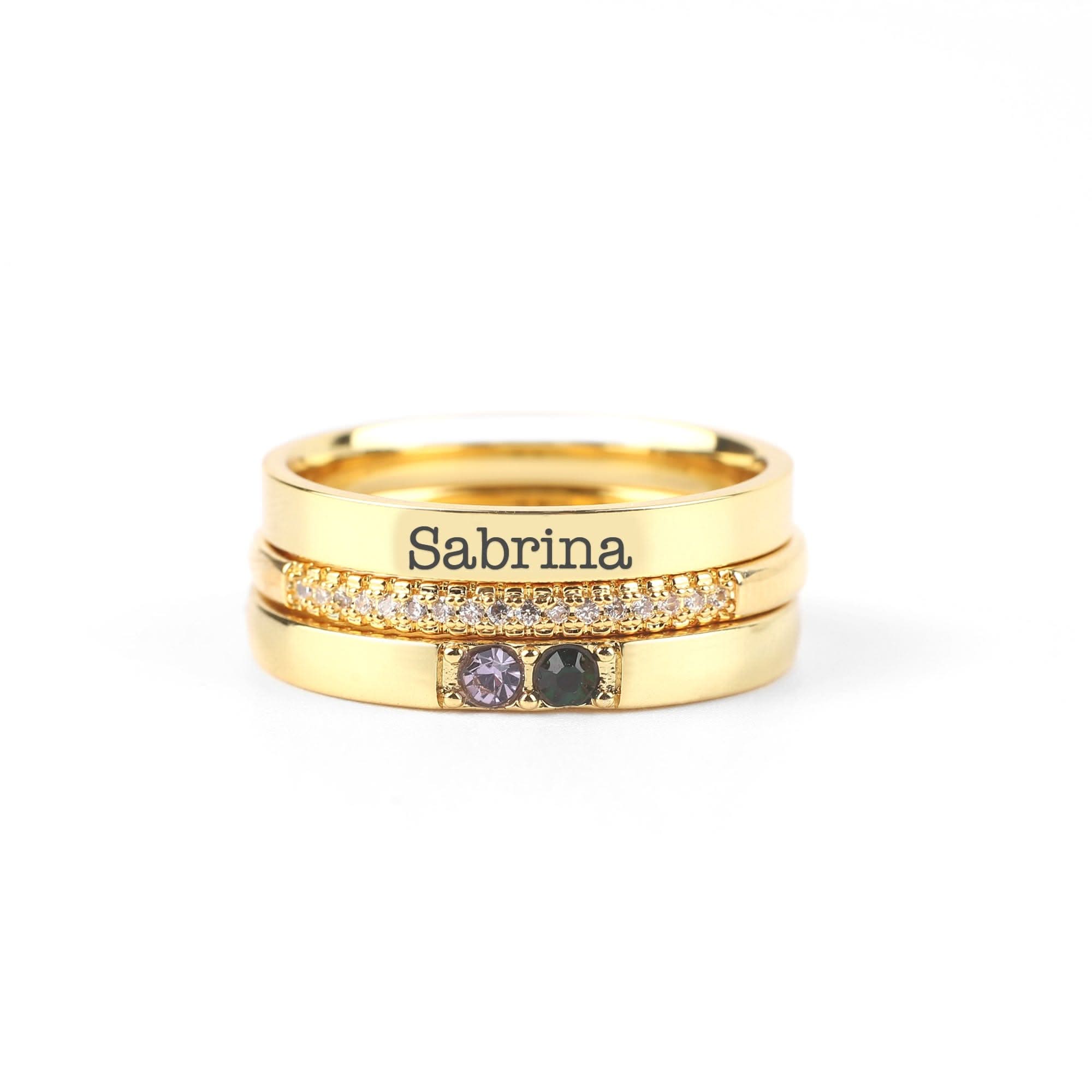 Personalized stackable rings with name and birthstones