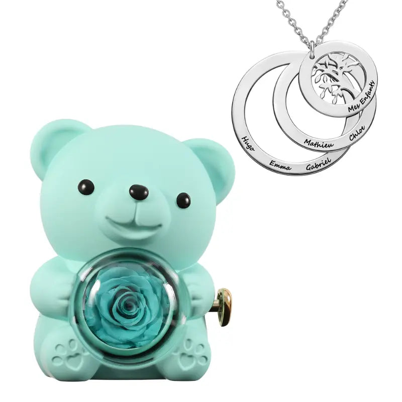 Ours Rose Éternelle avec Collier Cercle Famille - Arbre de vie