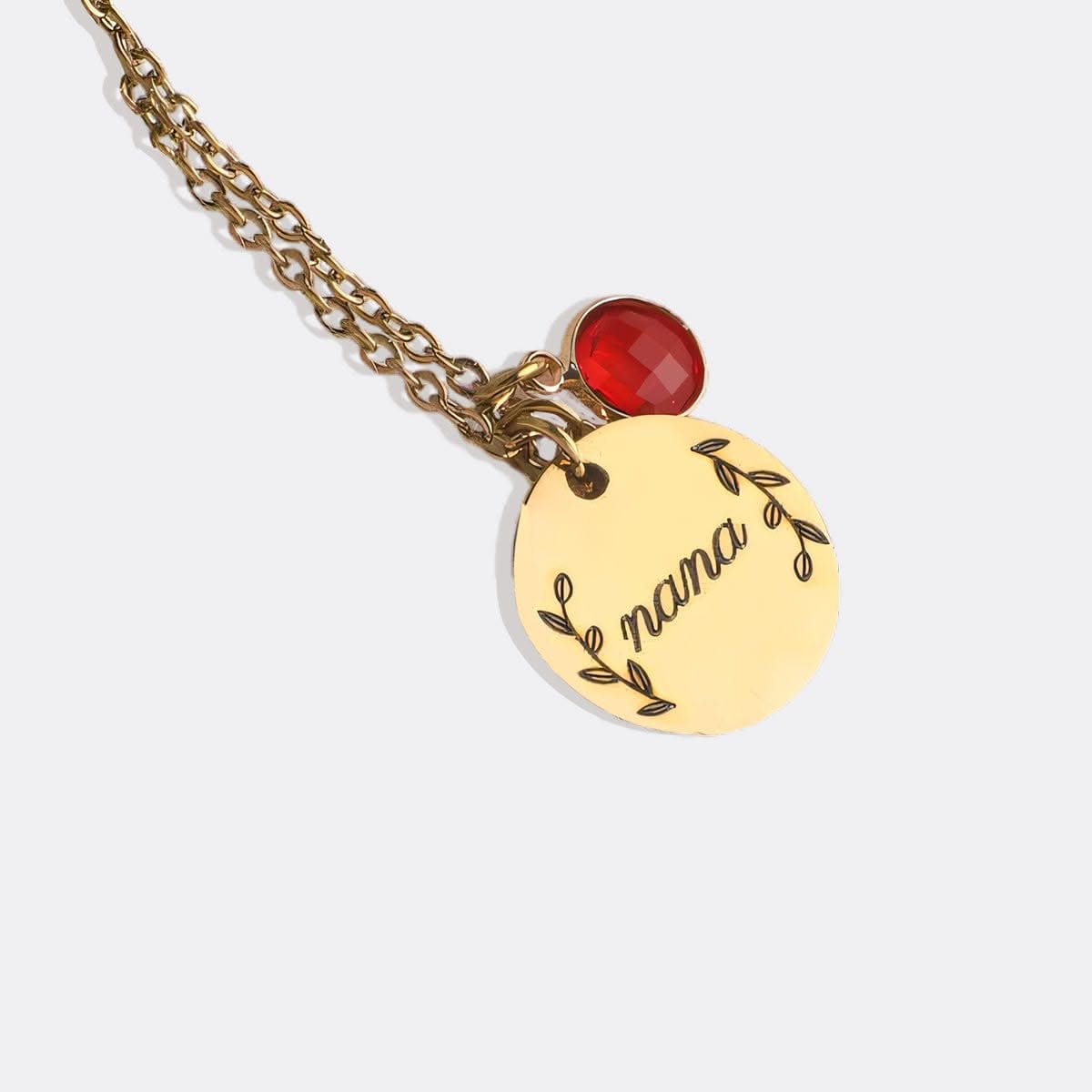 Engraved Birthstone Pendant Necklace with Leaves