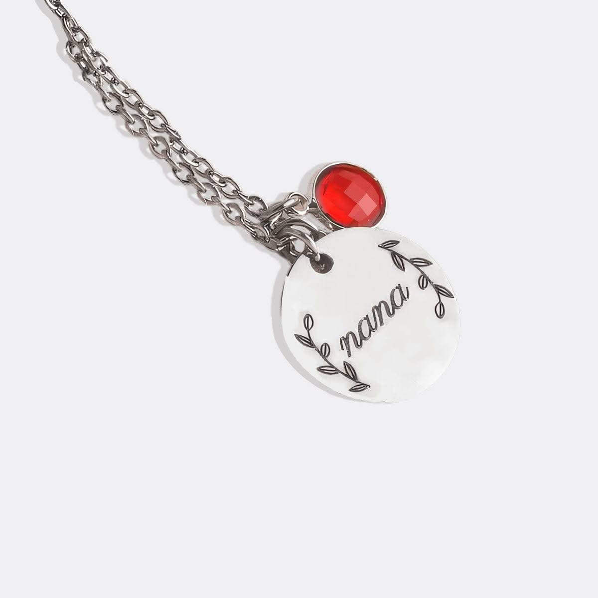 Engraved Birthstone Pendant Necklace with Leaves