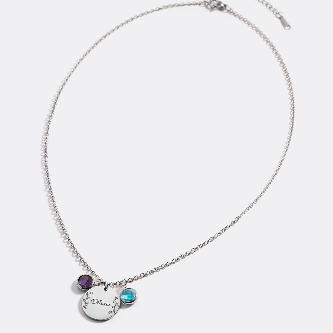 Engraved Birthstone Pendant Necklace with Leaves