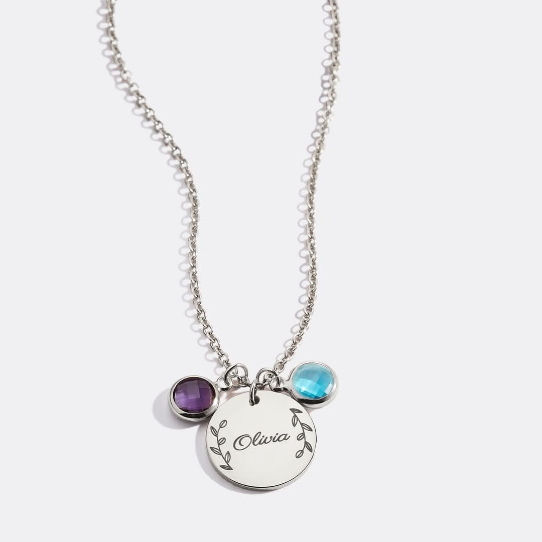 Engraved Birthstone Pendant Necklace with Leaves