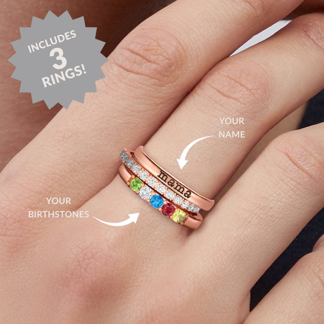 Personalized stackable rings with name and birthstones