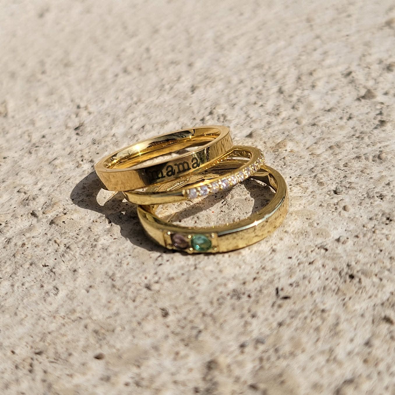 Personalized stackable rings with name and birthstones