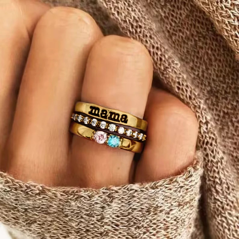 Personalized stackable rings with name and birthstones