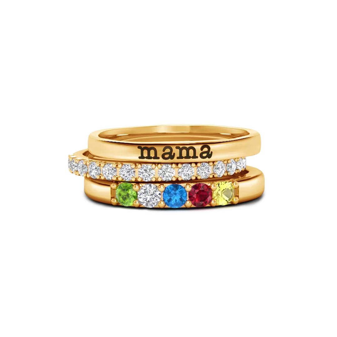 Personalized stackable rings with name and birthstones