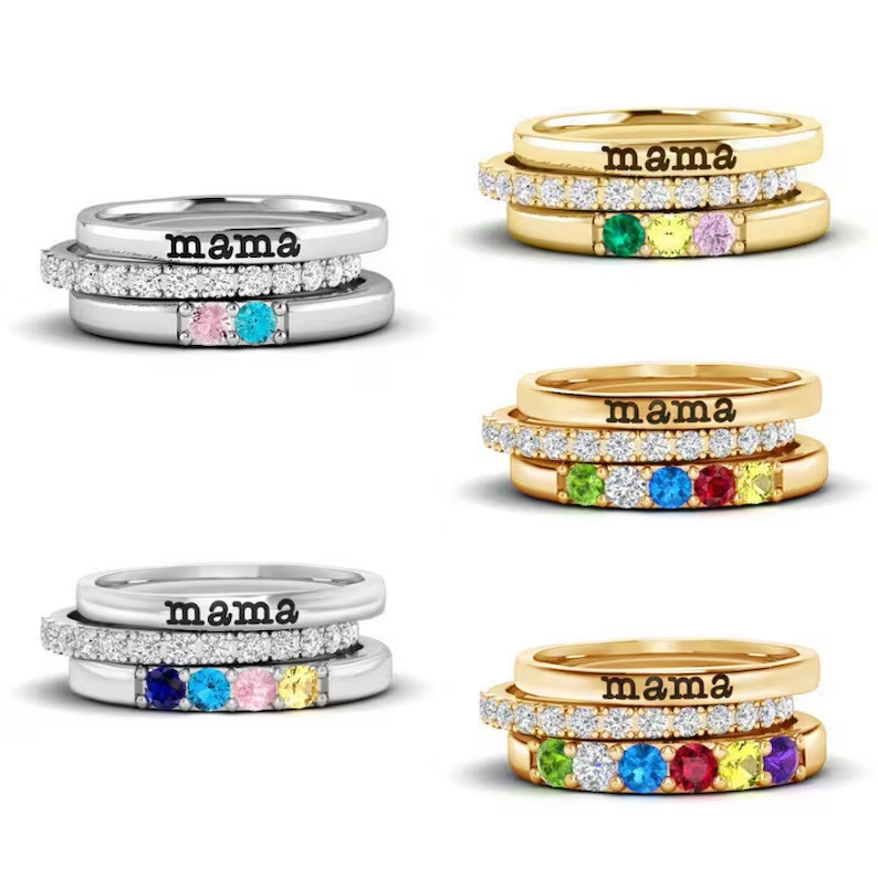 Personalized stackable rings with name and birthstones