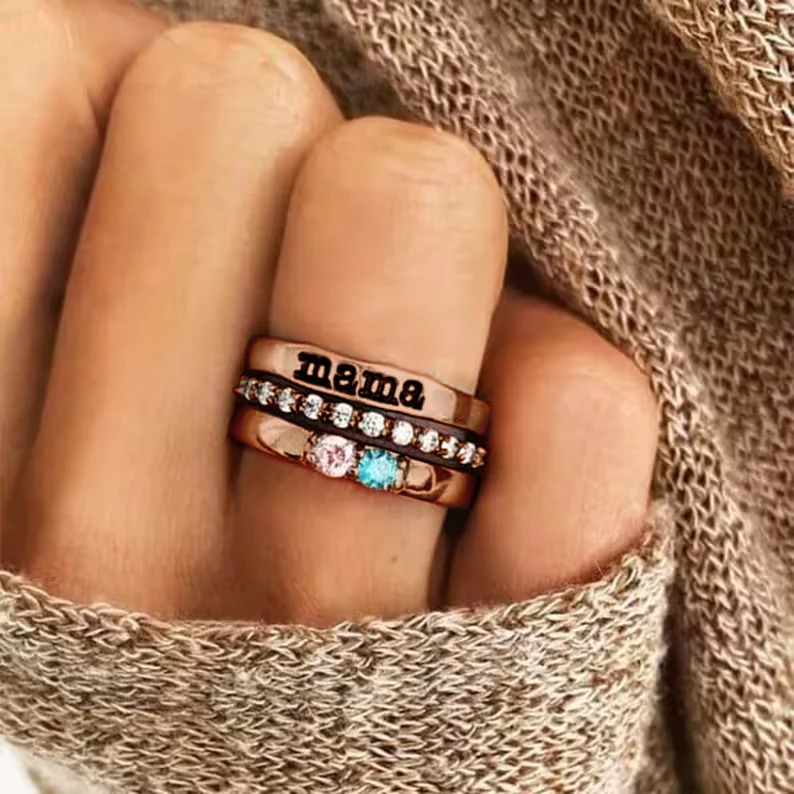 Personalized stackable rings with name and birthstones