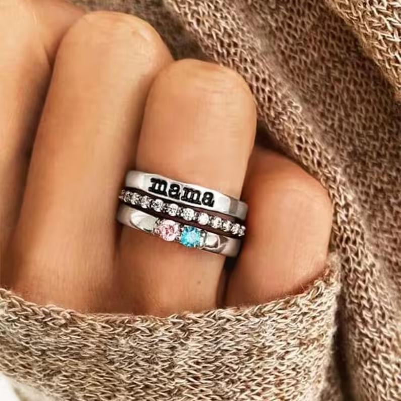 Personalized stackable rings with name and birthstones